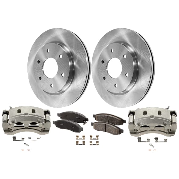 2-Wheel Set Front Brake Kit With Calipers, Plain Surface 6 Lugs 320.04 mm Organic, Includes (2) Caliper, (2) Disc, and (1) Pad Set