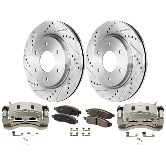 2-Wheel Set Front Brake Kit With Calipers, Cross-drilled and Slotted 6 Lugs 320.04 mm Organic, Includes (2) Brake Caliper, (2) Brake Disc and (1) Brake Pad Set