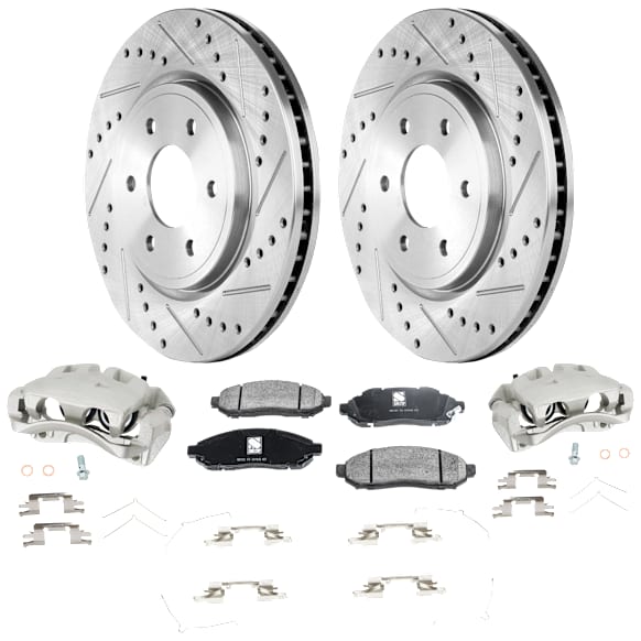 2-Wheel Set Front Brake Kit With Calipers, Cross-drilled and Slotted 6 Lugs 296 mm Ceramic, Includes (2) Brake Caliper, (2) Brake Disc and (1) Brake Pad Set