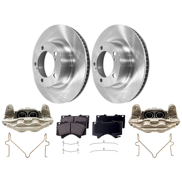 2-Wheel Set Front Brake Kit With Calipers, Plain Surface 5 Lugs 354.08 mm Ceramic, Includes (2) Brake Caliper, (1) Brake Pad Set and (2) Brake Disc