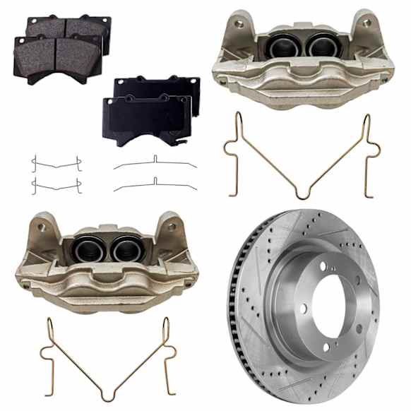 2-Wheel Set Front Brake Kit With Calipers, Cross-drilled and Slotted 5 Lugs 354.08 mm Ceramic, Includes (2) Brake Caliper, (2) Brake Disc and (1) Brake Pad Set