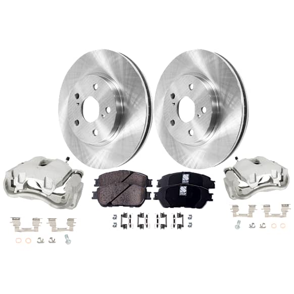2-Wheel Set Front Brake Kit With Calipers, Plain Surface 5 Lugs 295.91 mm Ceramic, Includes (2) Brake Caliper, (1) Brake Pad Set and (2) Brake Disc