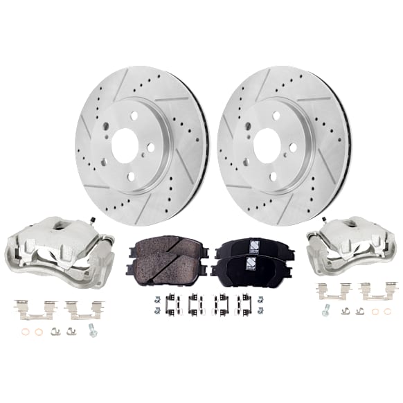 2-Wheel Set Front Brake Kit With Calipers, Cross-drilled and Slotted 5 Lugs 296 mm Ceramic, Includes (2) Brake Caliper, (1) Brake Pad Set and (2) Brake Disc