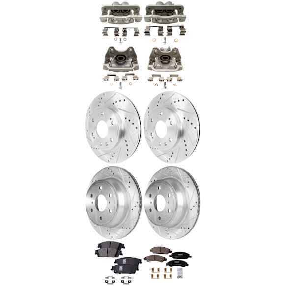 4-Wheel Set Front and Rear Brake Kit With Calipers, Cross-drilled and Slotted, 6 Lugs, Ceramic, Includes (4) Caliper, (4) Disc, and (2) Pad Set