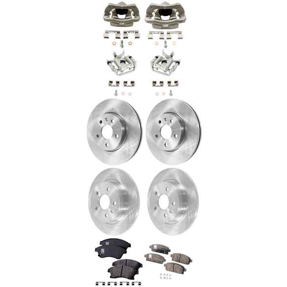4-Wheel Set Front and Rear Brake Kit With Calipers, Plain Surface 5 Lugs Front-276 mm/Rear-267.97 mm Front-Organic/Rear-Ceramic FWD, Includes (4) Caliper, (4) Disc, and (2) Pad Set