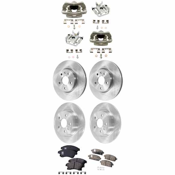 4-Wheel Set Front and Rear Brake Kit With Calipers, Plain Surface 5 Lugs Front-276 mm/Rear-267.97 mm Front-Organic/Rear-Ceramic FWD, Includes (4) Caliper, (4) Disc, and (2) Pad Set