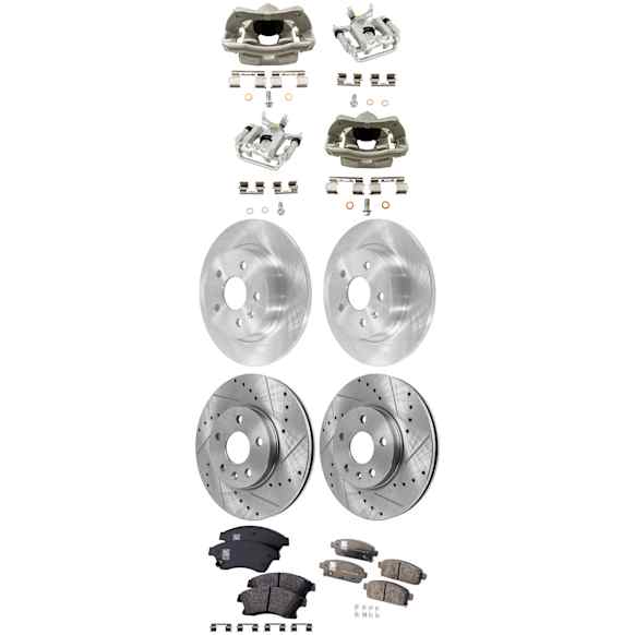 4-Wheel Set Front and Rear Brake Kit With Calipers, Front-Cross-drilled and Slotted/Rear-Plain Surface, 5 Lugs, Front-Organic/Rear-Ceramic, FWD, Includes (4) Caliper, (4) Disc, and (2) Pad Set