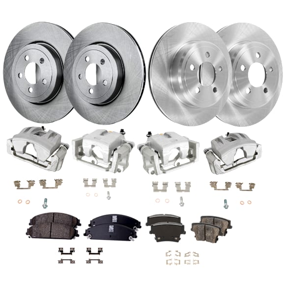 4-Wheel Set Front and Rear Brake Kit With Calipers, Plain Surface, 5 Lugs, Ceramic, Includes (4) Brake Caliper, (4) Brake Disc, and (2) Brake Pad Set