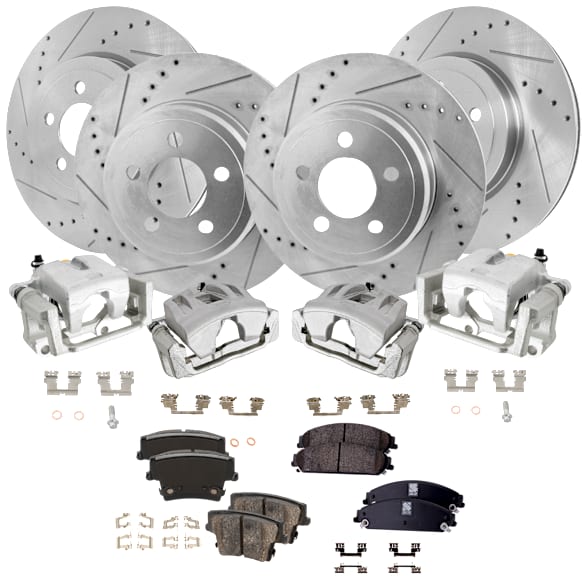 4-Wheel Set Front and Rear Brake Kit With Calipers, Cross-drilled and Slotted 5 Lugs Front-344.93 mm/Rear-320.04 mm Ceramic RWD, Includes (4) Brake Caliper, (2) Brake Pad Set and (4) Brake Disc