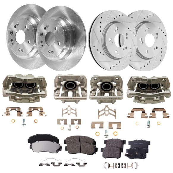 4-Wheel Set Front and Rear Brake Kit With Calipers, Front-Cross-drilled and Slotted/Rear-Plain Surface 5 Lugs Front-296 mm/Rear-305 mm Ceramic, Includes (4) Caliper, (4) Disc and (2) Pad Set