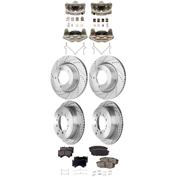 4-Wheel Set Front and Rear Brake Kit With Calipers, Cross-drilled and Slotted 5 Lugs Front-354.08 mm/Rear-345.19 mm Ceramic, Includes (4) Brake Caliper, (4) Brake Disc and (2) Brake Pad Set