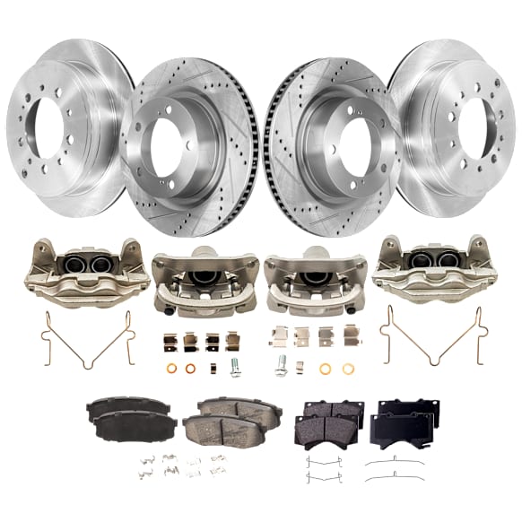 4-Wheel Set Front and Rear Brake Kit With Calipers, Front-Cross-drilled and Slotted/Rear-Plain Surface 5 Lugs Front-354.08 mm/Rear-344.93 mm Ceramic, Includes (4) Caliper, (4) Disc and (2) Pad Set