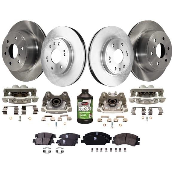 4-Wheel Set Front and Rear Brake Kit With Calipers, Plain Surface, 6 Lugs, Ceramic, Includes (1) Brake Fluid, (4) Caliper, (4) Disc, and (2) Pad Set
