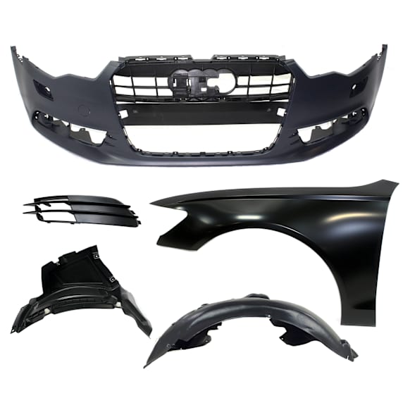 2012-2015 Audi A6 - 5-Piece Kit, Front, Driver Side Fender, For Models Without S-Line Package, Without Adaptive Cruise Control, Includes (1) Bumper Cover, (1) Fender, (2) Fender Liner, and (1) Fog Light Cover