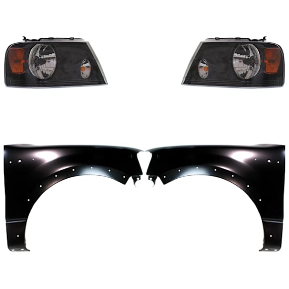 4-Piece Kit Driver and Passenger Side Halogen Headlight, With bulb(s), Extended Cab Pickup, OE Replacement, Includes (2) Fender and (2) Headlight