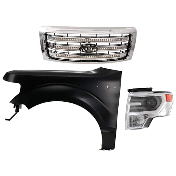 3-Piece Kit, Grille Chrome Shell with Painted Gold Insert, CAPA Certified, Includes (1) Fender, (1) Grille Shell and Insert, and (1) Headlight