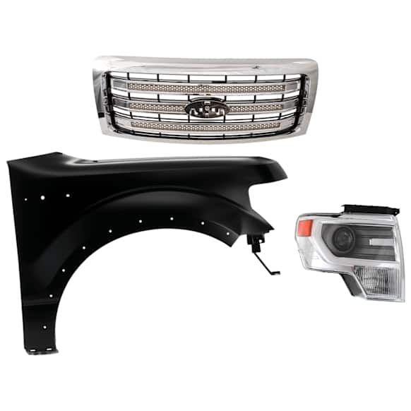 3-Piece Kit, Grille Chrome Shell with Painted Gold Insert, CAPA Certified, Includes (1) Fender, (1) Grille Shell and Insert, and (1) Headlight