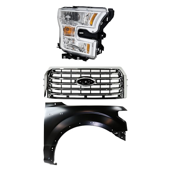 3-Piece Kit, Grille Chrome Shell with Textured Black Insert, For Models With Billet Style Grille, Without Front View Camera, CAPA Certified, Includes (1) Fender, (1) Grille, and (1) Headlight