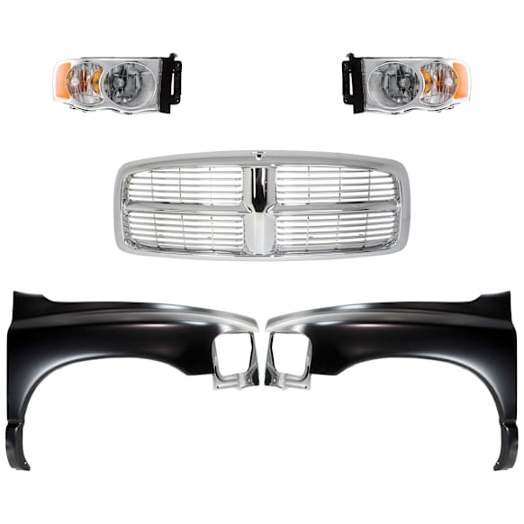 5-Piece Kit, Front, Driver and Passenger Side Fender, Includes (2) Fender, (1) Grille, and (2) Headlight