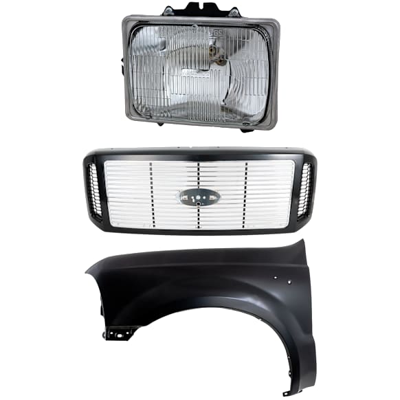 3-Piece Kit, Grille Painted Black Shell with Chrome Insert, Includes (1) Fender, (1) Grille, and (1) Headlight
