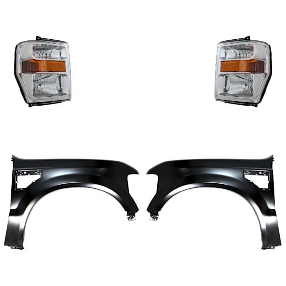 2008-2010 Ford F-350 Super Duty - 4-Piece Kit Driver and Passenger Side Halogen Headlight, With bulb(s), OE Replacement, Includes (2) Fender and (2) Headlight