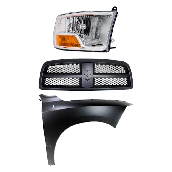 3-Piece Kit, Grille Painted Black, For Models Without Quad Lights, Includes (1) Fender, (1) Grille Shell and Insert, and (1) Headlight
