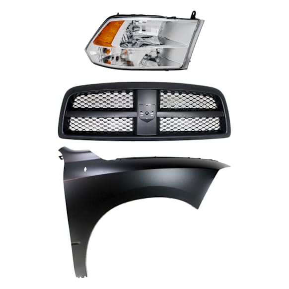 3-Piece Kit, Grille Painted Black, For Models With Quad Lights, Includes (1) Fender, (1) Grille Shell and Insert, and (1) Headlight