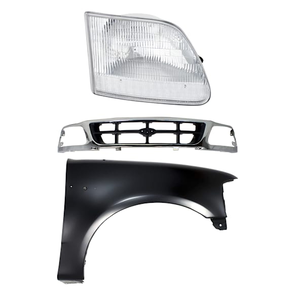 3-Piece Kit, Grille Chrome Shell with Gray Insert, RWD, Includes (1) Fender, (1) Grille, and (1) Headlight