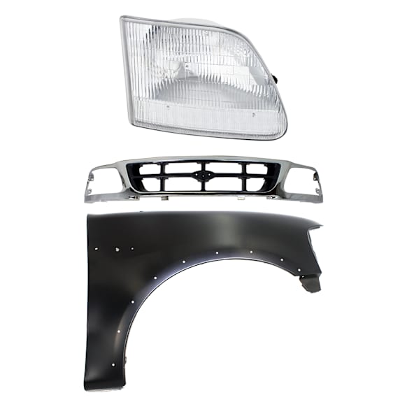 3-Piece Kit, Grille Chrome Shell with Gray Insert, RWD, Includes (1) Fender, (1) Grille, and (1) Headlight