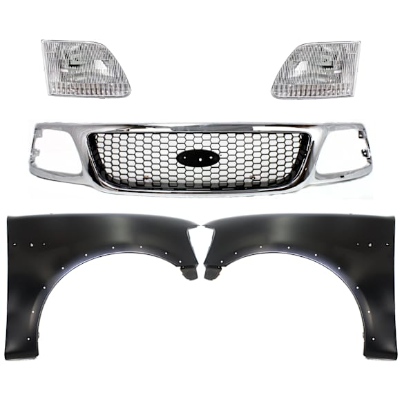 5-Piece Kit, Grille Chrome Shell with Black Insert, 4WD, Includes (2) Fender, (1) Grille, and (2) Headlight