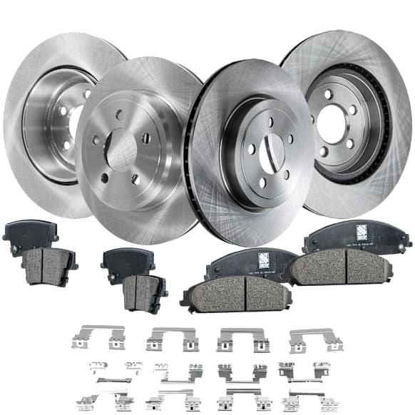 4-Wheel Set Front and Rear Brake Disc and Pad Kit, Plain Surface 5 Lugs Front-344.93 mm/Rear-320.04 mm Front-Ceramic/Rear-Organic Pro-Line Series, Includes (2) Brake Pad Set and (4) Brake Disc
