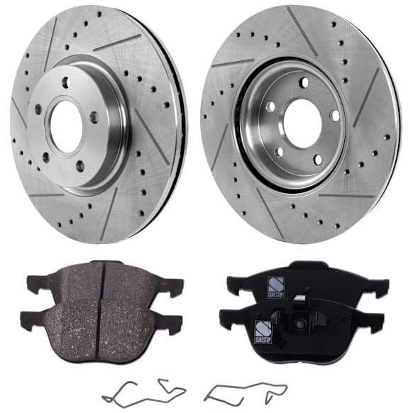 2-Wheel Set Front Brake Disc and Pad Kit, Cross-drilled and Slotted 5 Lugs 299.97 mm Ceramic, Includes (2) Brake Disc and (1) Brake Pad Set