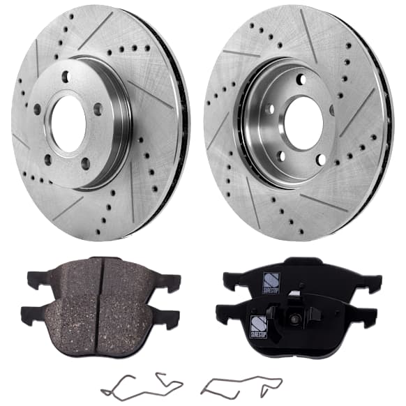 2013 Volvo C30 - 2-Wheel Set Front Brake Disc and Pad Kit, Cross-drilled and Slotted 5 Lugs 277.88 mm Ceramic, Includes (2) Brake Disc and (1) Brake Pad Set