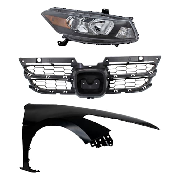 3-Piece Kit Passenger Side Halogen Headlight, Coupe (2011-2012 Style), Includes (1) Fender, (1) Grille Assembly, and (1) Headlight