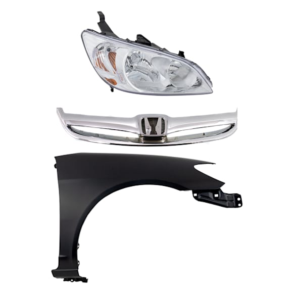 3-Piece Kit Passenger Side Halogen Headlight, Without bulb(s), OE Replacement, Sedan, Includes (1) Fender, (1) Grille Assembly and (1) Headlight