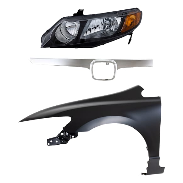 3-Piece Kit Driver Side Halogen Headlight, Without bulb(s), Includes (1) Fender, (1) Grille Assembly, and (1) Headlight