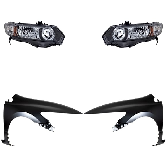 4-Piece Kit Driver and Passenger Side Halogen Headlight, Without bulb(s), OE Replacement, Includes (2) Fender and (2) Headlight