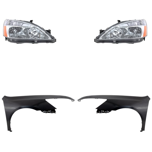 4-Piece Kit Driver and Passenger Side Halogen Headlight, Without bulb(s), Sedan, OE Replacement, CAPA Certified, Includes (2) Fender and (2) Headlight