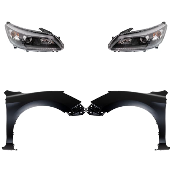 4-Piece Kit Driver and Passenger Side Halogen Headlight, With bulb(s), Sedan, OE Replacement, CAPA Certified, Includes (2) Fender and (2) Headlight