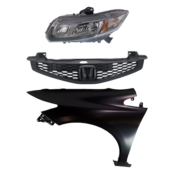 3-Piece Kit Driver Side Halogen Headlight, Coupe, Includes (1) Fender, (1) Grille Assembly, and (1) Headlight, CAPA Certified