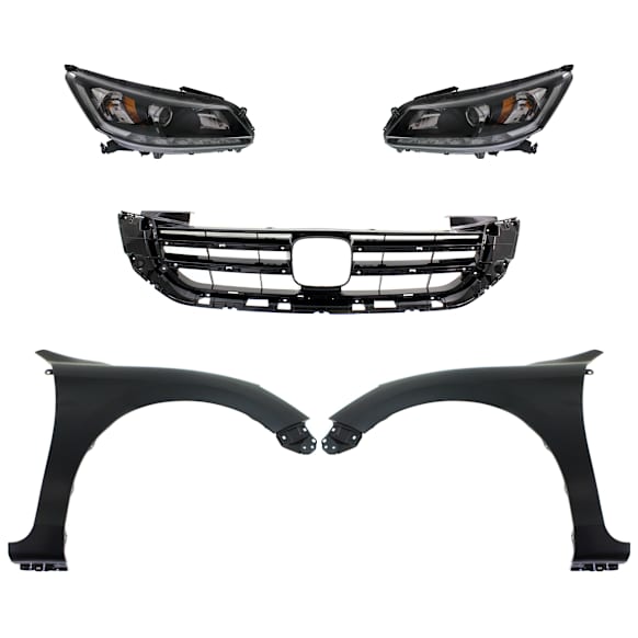 5-Piece Kit Driver and Passenger Side Halogen Headlight, With bulb(s), OE Replacement, Sedan, Includes (2) Fender, (1) Grille Assembly and (2) Headlight