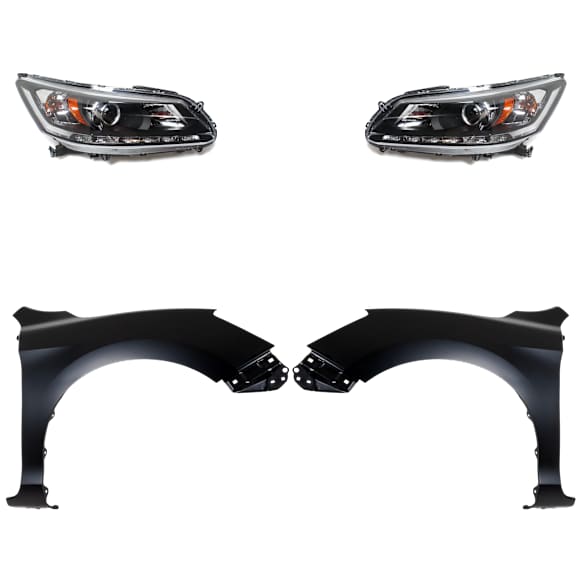 4-Piece Kit Driver and Passenger Side Halogen Headlight, With bulb(s), Sedan, OE Replacement, CAPA Certified, Includes (2) Fender and (2) Headlight