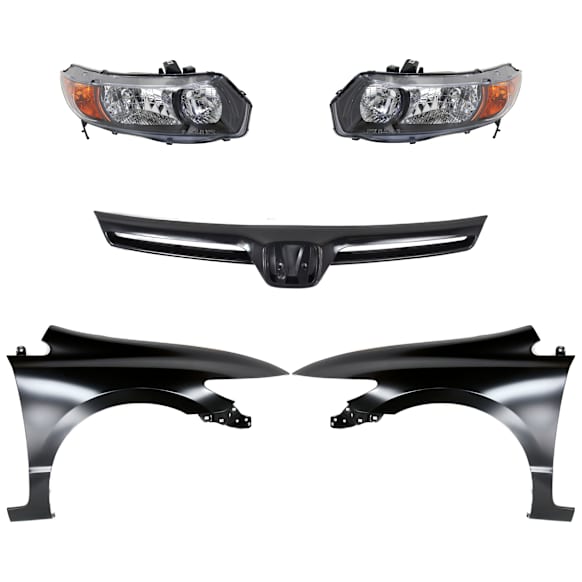 5-Piece Kit Driver and Passenger Side Halogen Headlight, Without bulb(s), OE Replacement, Coupe, Includes (2) Fender, (1) Grille Assembly and (2) Headlight