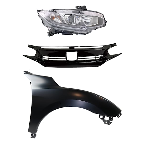 3-Piece Kit Passenger Side Halogen Headlight, Includes (1) Fender, (1) Grille Assembly, and (1) Headlight