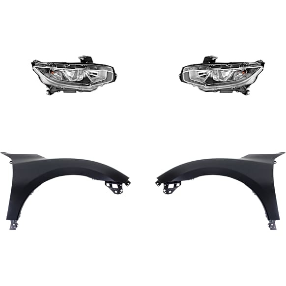 4-Piece Kit Driver and Passenger Side Halogen Headlight, With bulb(s), OE Replacement, Includes (2) Fender and (2) Headlight