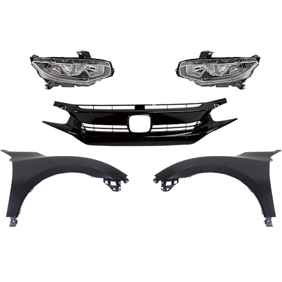 5-Piece Kit Driver and Passenger Side Halogen Headlight, With bulb(s), OE Replacement, Hatchback, Includes (2) Fender, (1) Grille Assembly and (2) Headlight