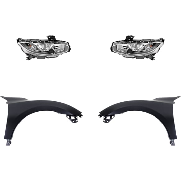 4-Piece Kit Driver and Passenger Side Halogen Headlight, With bulb(s), OE Replacement, CAPA Certified, Includes (2) Fender and (2) Headlight