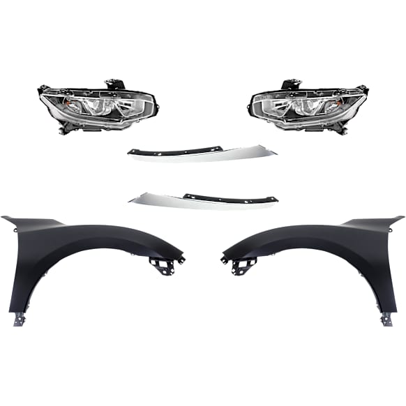 6-Piece Kit Driver and Passenger Side Halogen Headlight, With bulb(s), OE Replacement,, CAPA Certified, Includes (2) Fender, (2) Grille Assembly and (2) Headlight