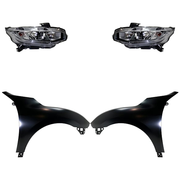 4-Piece Kit Driver and Passenger Side Halogen Headlight, With bulb(s), Hatchback, OE Replacement, CAPA Certified, Includes (2) Fender and (2) Headlight