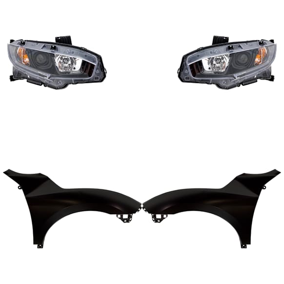 4-Piece Kit Driver and Passenger Side Halogen Headlight, With bulb(s), OE Replacement, Includes (2) Fender and (2) Headlight